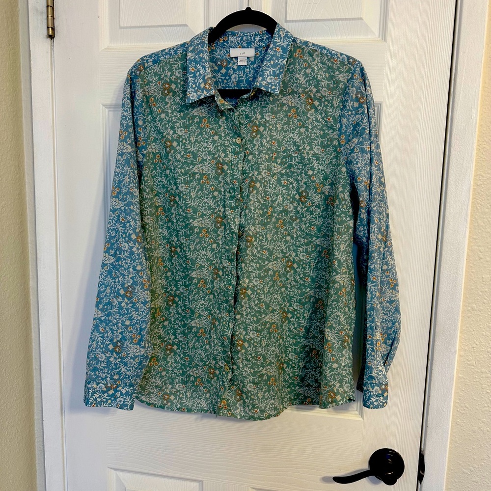 J. Jill Teal Floral Button-Up Blouse